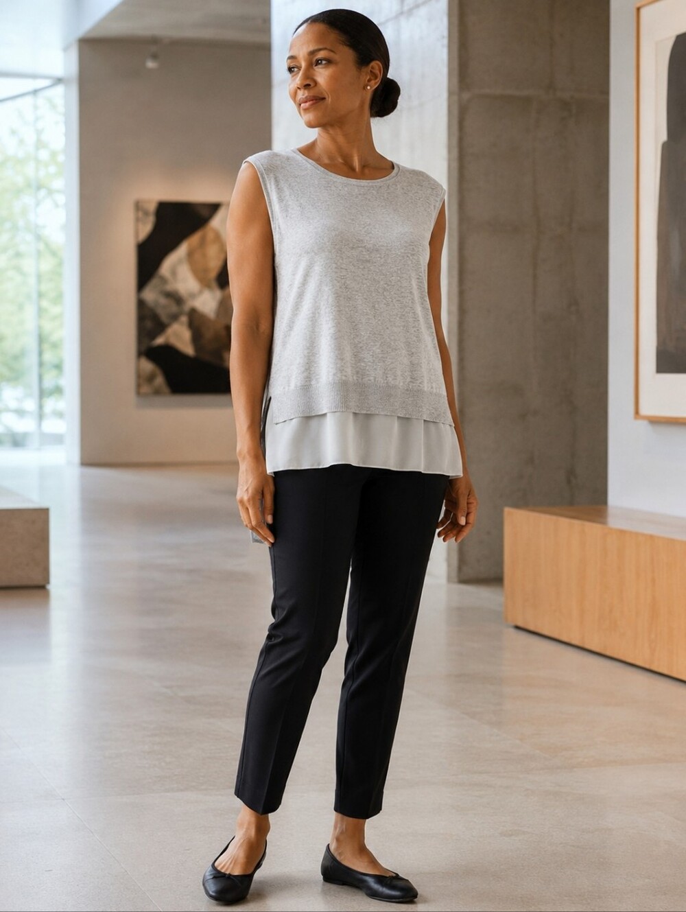Eileen Fisher Linen Knit Tank Top Silk Chiffon Layered Hem Gray S
